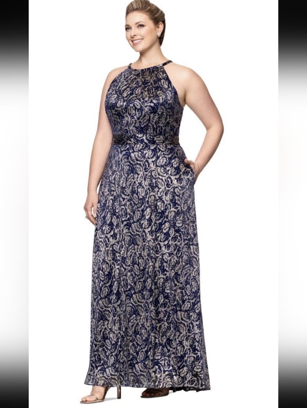 Betsy & Adam  Size 18W Navy Gold Metallic Rose Jacquard Formal Maxi Dress $299